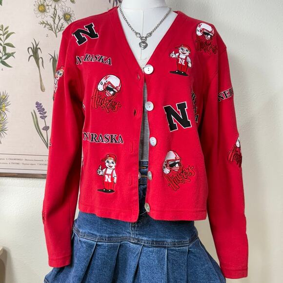 Vintage 90s Y2k Nebraska Huskers Cornhuskers Football Embroidered Cardigan M - Picture 5 of 9